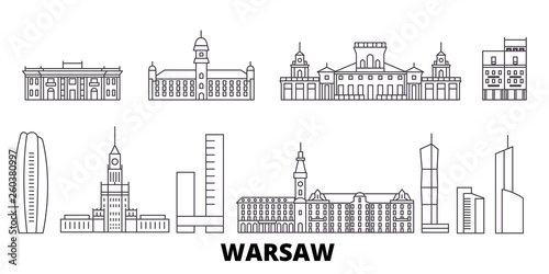 Poland, Warsaw flat travel skyline set. Poland, Warsaw black city vector panorama, illustration, travel sights, landmarks, streets.