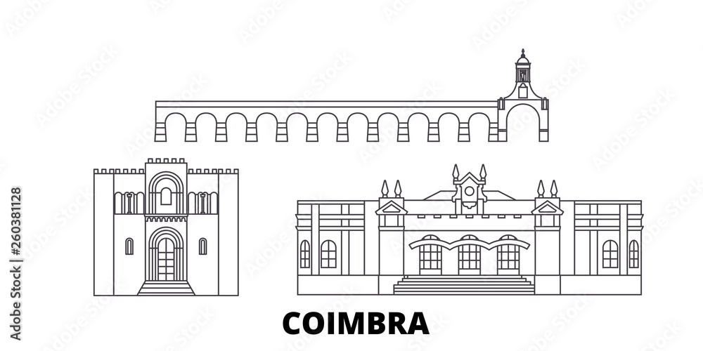Portugal, Coimbra flat travel skyline set. Portugal, Coimbra black city vector panorama, illustration, travel sights, landmarks, streets.
