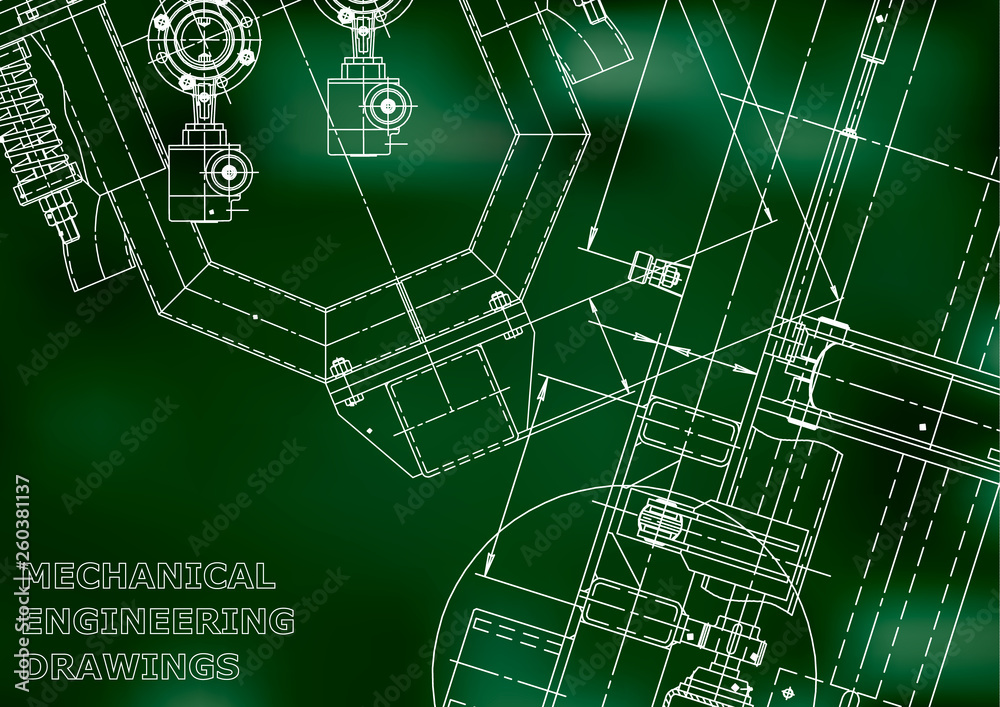Fototapeta premium Blueprint, Sketch. Vector engineering illustration. Cover, flyer, banner, background. Instrument-making drawings. Mechanical engineering drawing. Technical illustrations, Green background. Scheme