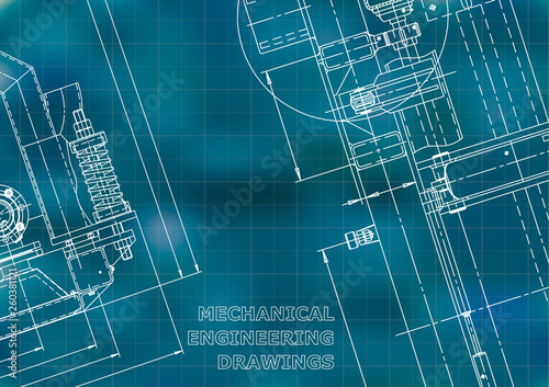 Blueprint, Sketch. Vector engineering illustration. Cover, flyer, banner, Blue background. Grid. Instrument-making drawings. Mechanical engineering drawing. Technical