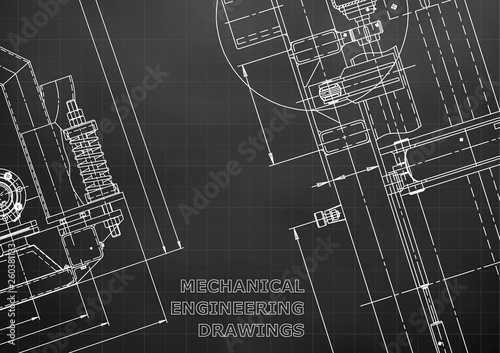 Blueprint, Sketch. Vector engineering illustration. Cover, flyer, banner, Black background. Grid. Instrument-making drawings. Mechanical engineering drawing. Technical