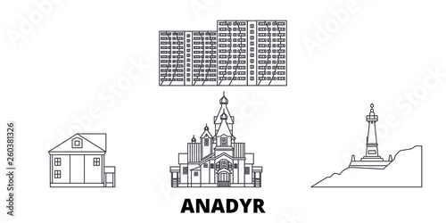 Russia, Anadyr flat travel skyline set. Russia, Anadyr black city vector panorama, illustration, travel sights, landmarks, streets.