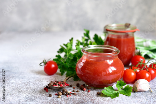 Homemade tomato sauce in a vintage jar.