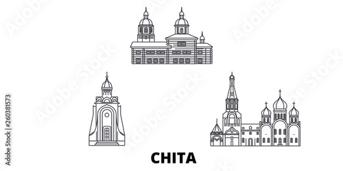 Russia, Chita flat travel skyline set. Russia, Chita black city vector panorama, illustration, travel sights, landmarks, streets.
