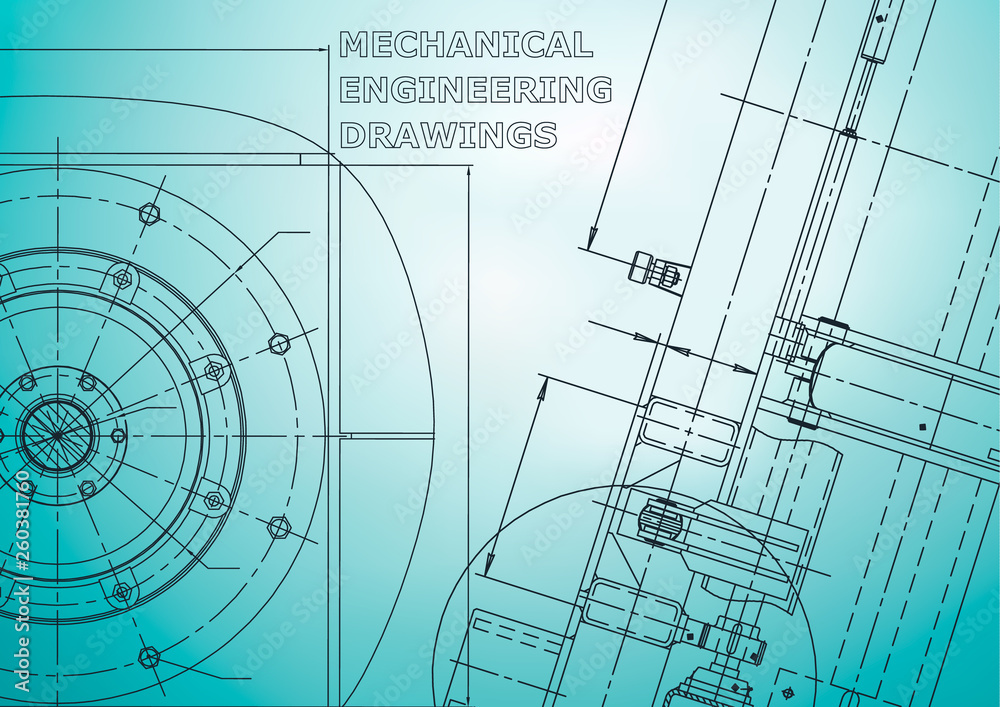Blueprint. Vector engineering illustration. Cover, flyer, banner, background. Instrument-making drawings. Mechanical engineering drawing. Light blue