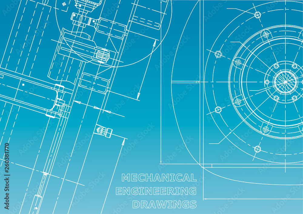 Fototapeta premium Blueprint. Vector engineering illustration. Cover, flyer, banner, background. Instrument-making drawings. Mechanical drawing. Blue and white
