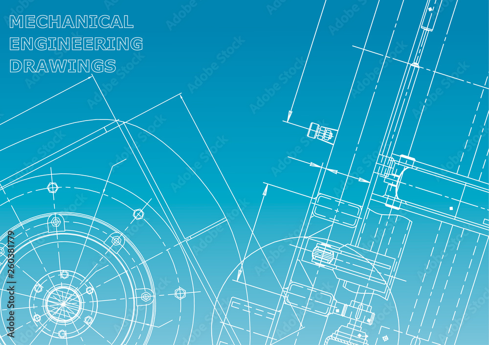 Blueprint. Vector engineering illustration. Cover, flyer, banner, background. Instrument-making drawings. Blue and white