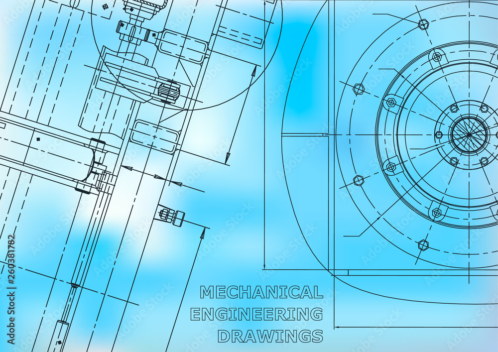 Blueprint. Vector engineering illustration. Cover, flyer, banner, background. Instrument-making drawings. Mechanical drawing. Blue