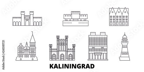 Russia, Kaliningrad flat travel skyline set. Russia, Kaliningrad black city vector panorama, illustration, travel sights, landmarks, streets.