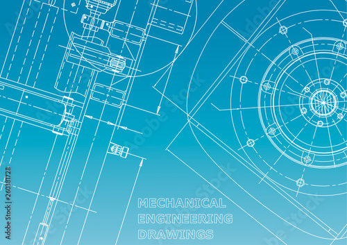 Blueprint. Vector engineering illustration. Cover, flyer, banner, background. Instrument-making drawings. Mechanical engineering drawing. Technical illustrations, backgrounds. Blue and white