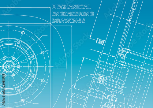 Blueprint. Vector engineering illustration. Cover  flyer  banner  background. Instrument-making drawings. Mechanical engineering drawing. Blue and white
