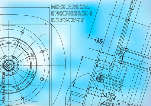 Blueprint. Vector engineering illustration. Cover, flyer, banner, background. Instrument-making drawings. Mechanical engineering drawing. Blue