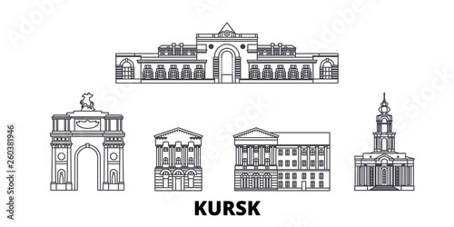 Russia, Kursk flat travel skyline set. Russia, Kursk black city vector panorama, illustration, travel sights, landmarks, streets.