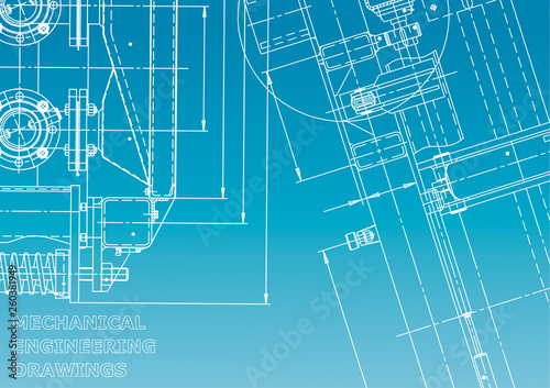 Blueprint. Vector engineering illustration. Computer aided design systems. Instrument-making drawings. Mechanical engineering drawing. Technical illustration. Blue and white