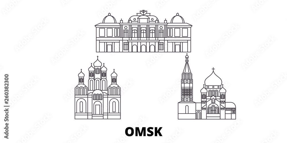 Russia, Omsk flat travel skyline set. Russia, Omsk black city vector panorama, illustration, travel sights, landmarks, streets.