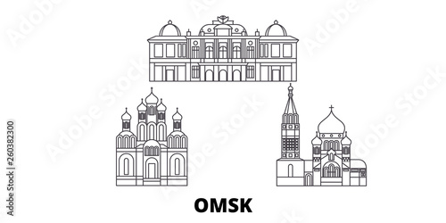 Obraz na płótnie Russia, Omsk flat travel skyline set. Russia, Omsk black city vector panorama, illustration, travel sights, landmarks, streets. w salonie