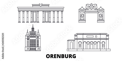 Russia, Orenburg flat travel skyline set. Russia, Orenburg black city vector panorama, illustration, travel sights, landmarks, streets.