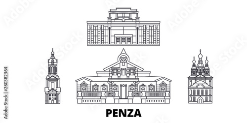 Russia, Penza flat travel skyline set. Russia, Penza black city vector panorama, illustration, travel sights, landmarks, streets.