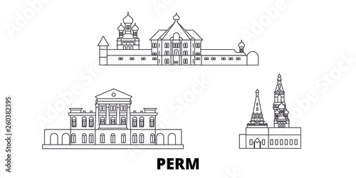 Russia, Perm flat travel skyline set. Russia, Perm black city vector panorama, illustration, travel sights, landmarks, streets.