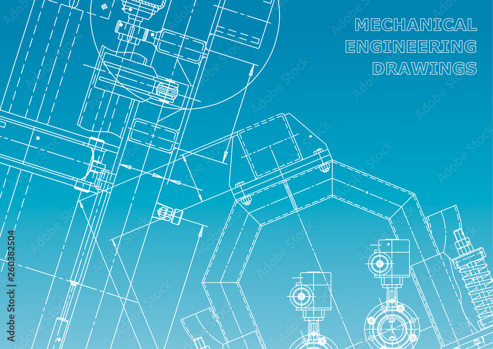 Blueprint, Sketch. Vector engineering illustration. Cover, flyer, banner, background. Instrument-making drawings. Mechanical engineering drawing. Technical illustrations, backgrounds. Blue and white