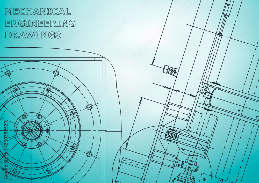 Blueprint, Sketch. Vector engineering illustration. Cover, flyer, banner, background. Instrument-making drawings. Mechanical engineering drawing. Light blue