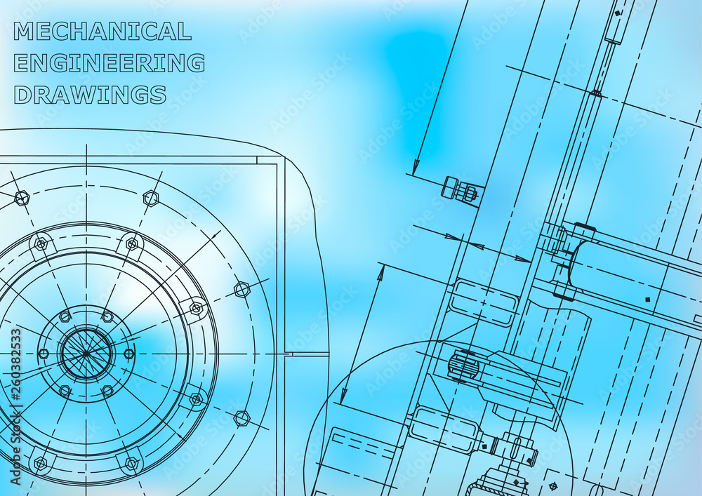 Blueprint, Sketch. Vector engineering illustration. Cover, flyer, banner, background. Instrument-making drawings. Mechanical engineering drawing. Blue