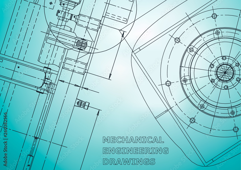 Blueprint, Sketch. Vector engineering illustration. Cover, flyer, banner, background. Instrument-making drawing. Light blue