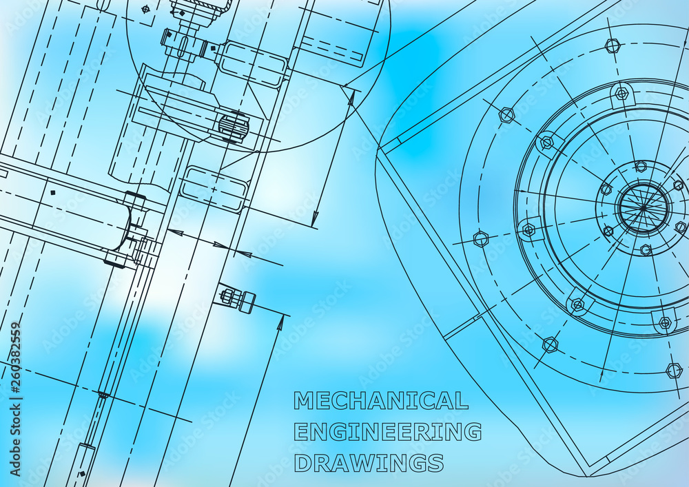 Blueprint, Sketch. Vector engineering illustration. Cover, flyer, banner, background. Instrument-making drawing. Blue