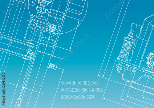 Blueprint, Sketch. Vector engineering illustration. Cover, flyer, banner, background. Instrument-making drawings. Mechanical engineering drawing. Technical illustration. Blue and white