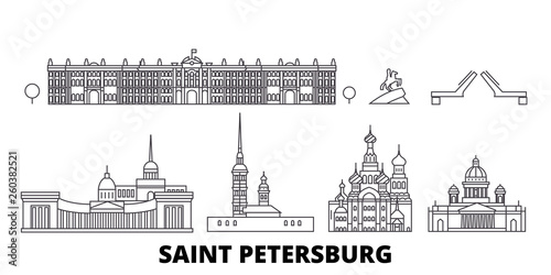 Russia, Saint Petersburg flat travel skyline set. Russia, Saint Petersburg black city vector panorama, illustration, travel sights, landmarks, streets.