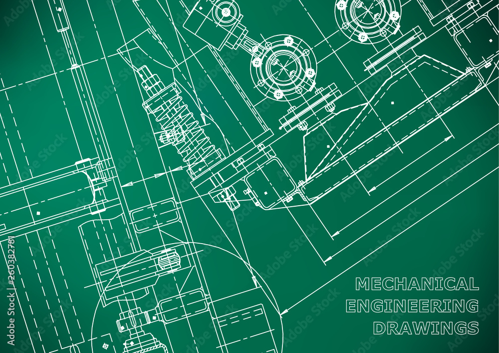 Blueprint. Vector engineering drawings. Mechanical instrument making. Technical abstract Light green background. Technical illustration, cover, banner