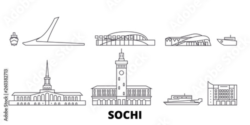 Russia, Sochi flat travel skyline set. Russia, Sochi black city vector panorama, illustration, travel sights, landmarks, streets.