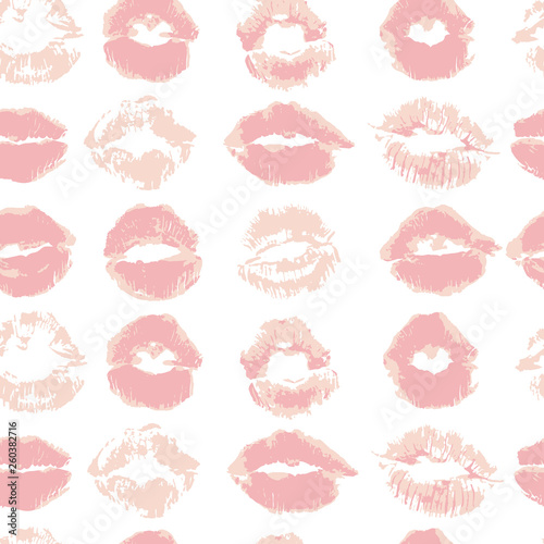 Seamless pattern. Hand drawing. Acrylic paints, brushes. Background for your creativity. Lips, kiss, lipstick. Pastel pink