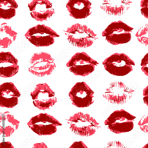 Seamless pattern. Hand drawing. Acrylic paints  brush. Background for your creativity. Red Lips  kiss  lipstick