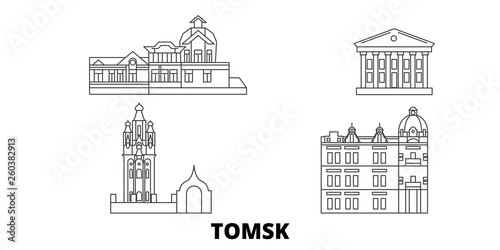 Russia, Tomsk flat travel skyline set. Russia, Tomsk black city vector panorama, illustration, travel sights, landmarks, streets.