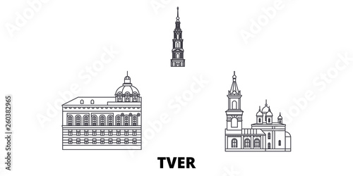 Russia, Tver flat travel skyline set. Russia, Tver black city vector panorama, illustration, travel sights, landmarks, streets.