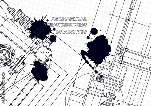 Vector engineering illustration. Computer aided design system. Black Ink. Blots