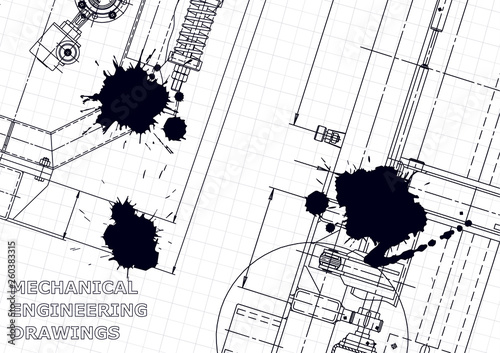 Sketch. Vector engineering illustration. Cover. Instrument-making. Black Ink. Blots