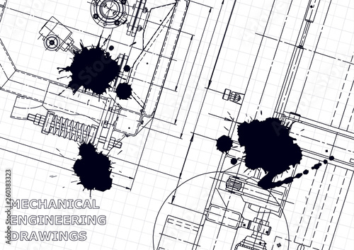 Sketch. Vector engineering illustration. Cover, flyer, banner, background. Instrument-making drawings. Black Ink. Blots. Technical