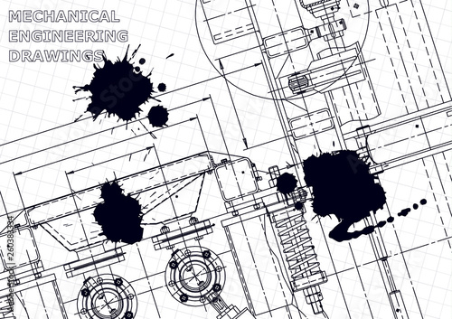 Sketch. Vector engineering illustration. Cover, flyer, banner, background. Instrument-making drawings. Mechanical engineering drawing. Black Ink. Blots. Blueprint, outline, plan