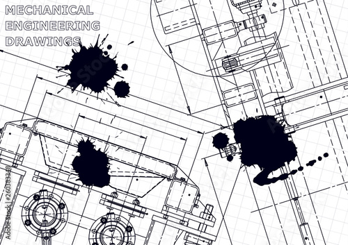 Sketch. Vector engineering illustration. Cover, flyer, banner, background. Instrument-making drawings. Black Ink. Blots. Technical illustration