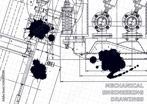 Sketch. Vector engineering illustration. Computer aided design systems. Instrument-making drawings. Mechanical engineering drawing. Black Ink. Blots. Blueprint, outline, plan