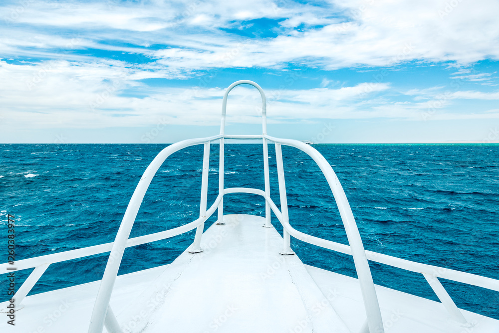 Obraz premium Beautiful view of the blue sea from the white ship. Horizontal frame