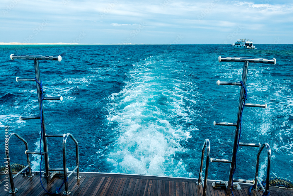 Obraz premium Beautiful view of the blue sea from the white ship. Horizontal frame