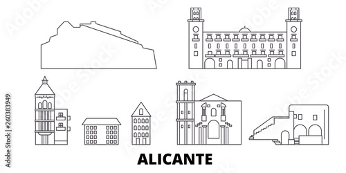 Spain, Alicante flat travel skyline set. Spain, Alicante black city vector panorama, illustration, travel sights, landmarks, streets.