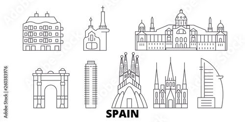 Spain, Barcelona flat travel skyline set. Spain, Barcelona black city vector panorama, illustration, travel sights, landmarks, streets.