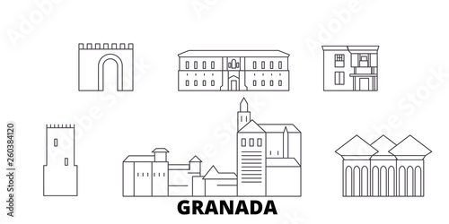 Spain, Granada flat travel skyline set. Spain, Granada black city vector panorama, illustration, travel sights, landmarks, streets.