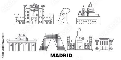 Spain, Madrid flat travel skyline set. Spain, Madrid black city vector panorama, illustration, travel sights, landmarks, streets.