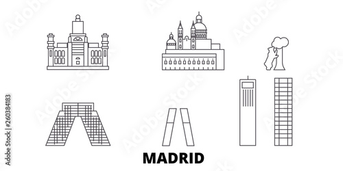 Spain, Madrid City flat travel skyline set. Spain, Madrid City black city vector panorama, illustration, travel sights, landmarks, streets.