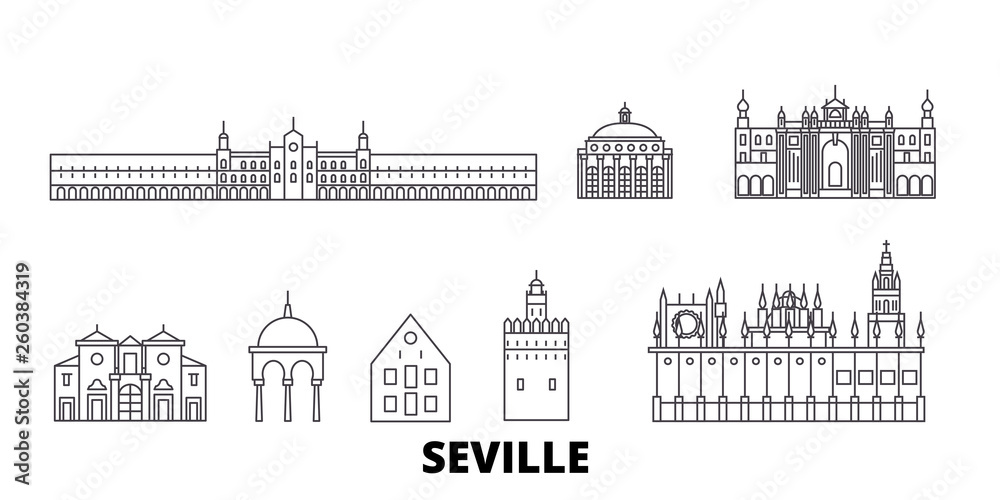 Spain, Seville flat travel skyline set. Spain, Seville black city vector panorama, illustration, travel sights, landmarks, streets.